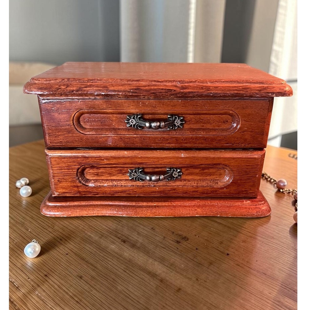 Vintage Wooden Jewelry Box with Drawers Ring Holder Victorian Style Dresser Box